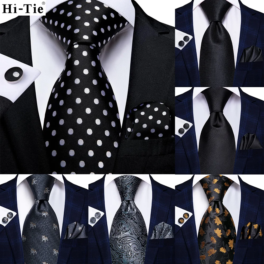 

Black Solid Dot Silk Wedding Tie For Men Hanky Cufflink Gift Men Necktie Gravata Set Fashion Business Dropshipping Hi-tie Design