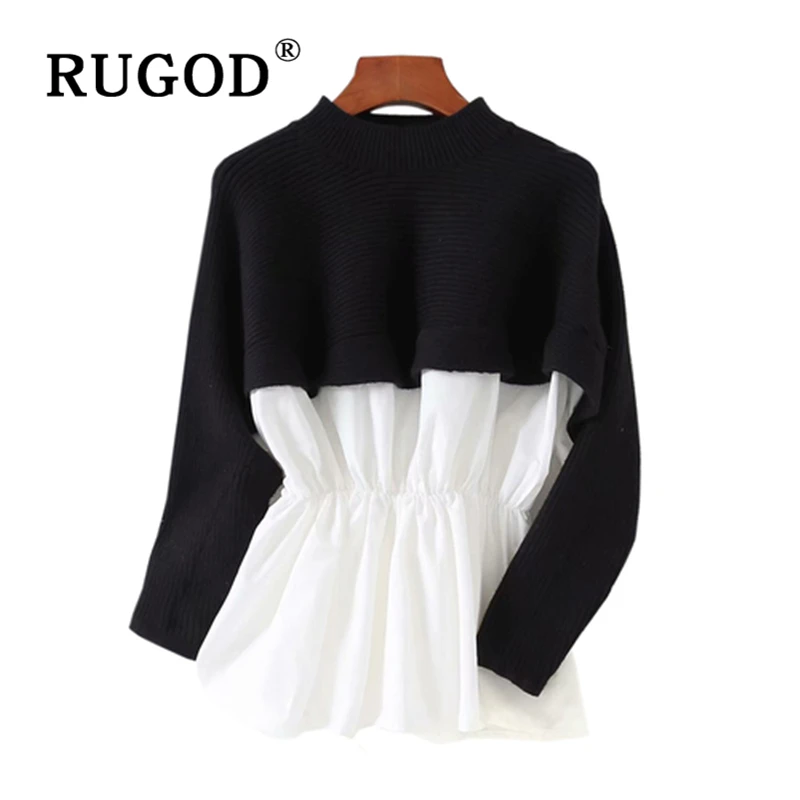 RUGOD Elegant patchwork knitted women sweater Fashion round neck batwing sleeve college tops Auturm casual ruffles lady clothes | Женская