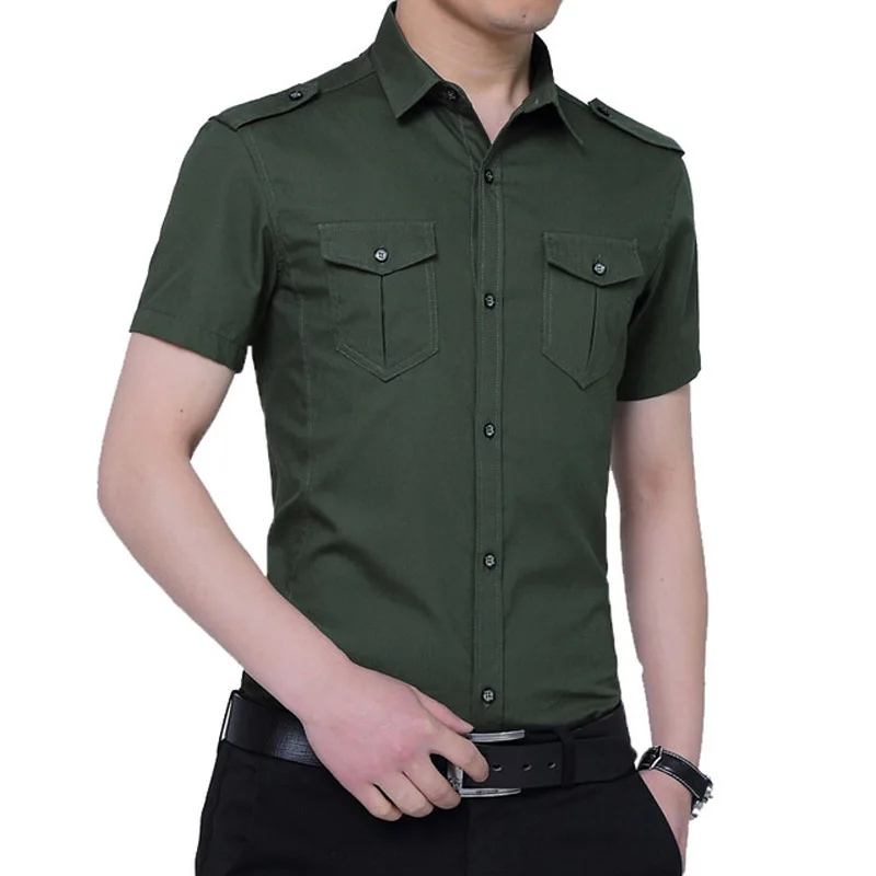 Hot Sale Men's Shirt Short Sleeve 2020 New Arrival Fashion Male Cotton Slim Fit Military Casual Business Shirts Epaulette Pocket | Мужская