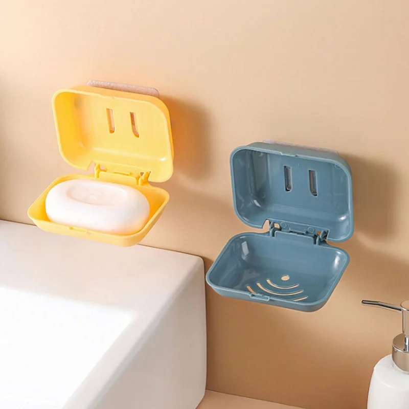 

Wall Mounted Self Adhesive Soap Dishes Soap Sponge Dish No Drilling Storage Box Rack Shelf Double Drain Bathroom Soap Holder