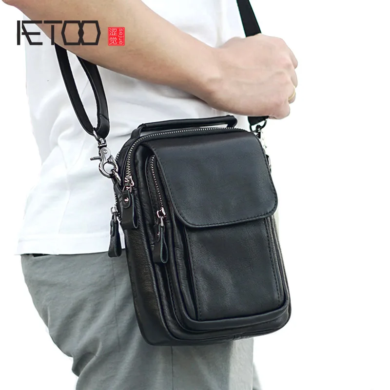 AETOO Men's leather bag, casual fashion minimalist head leather mini shoulder bag, summer slant eduth bag