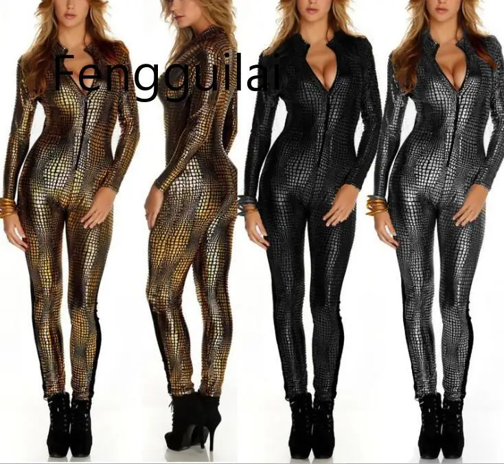 

Sexy Black Wet Look Snake Jumpsuit PVC Latex Catsuit Nightclub DS Costumes Women Bodysuits Fetish Patent Leather Game Uniforms