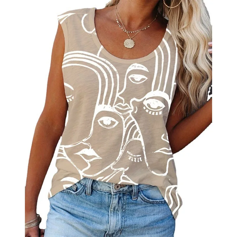 

Summer Women's Geometric Lines Graffiti Abstract Printing White Sexy Tank Tops Casual Slim Personality Street Trend Camisole