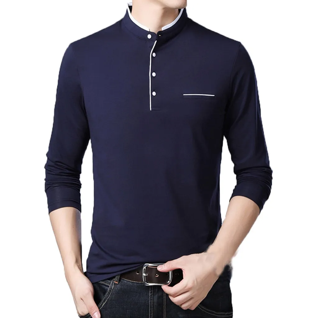 Navy WinterSlim рубашка Мужская Вертикальная Мужская Новая мода стоячий воротник Мужская с длинным рукавом плюс размер чистая блузка Топ брендовая одежда#911 - Цвет: Navy