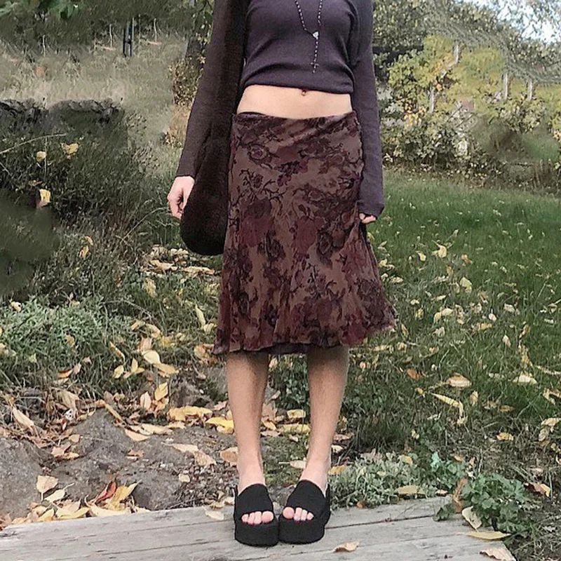

Alt Brown Vintage Skirt 2021 Summer Vacation Style Mesh Skirts Womens Midi Skirt Women Fanshion Y2k Skirt Alternative Cloth Goth