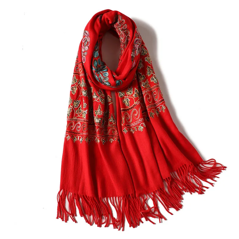 

e Soft Elegant Long Tassel New Women Cashmere Leaves Embroidery Shawls and Wraps Winter Warm Foulards