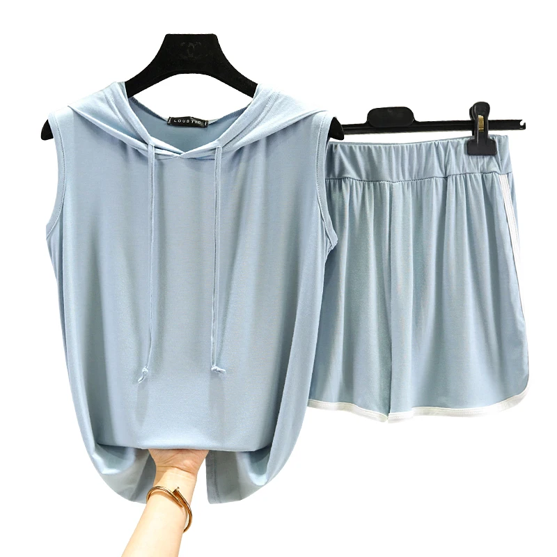 

New Ensemble Femme 2 Pièces Women Pyjamas Summer Modal Home Suits Female Plus Size Hooded T-Shirt +Loose Shorts Pants Tracksuits