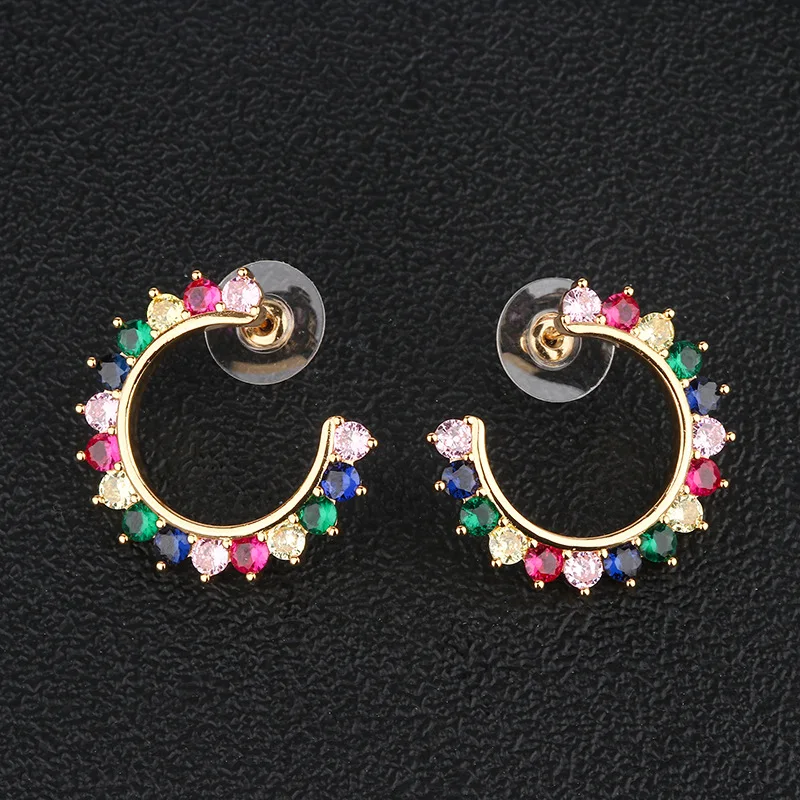 OMYFUN Fashion Earring Rainbow Gold Color Round Stud Earrings for Women Korean Zirconia Crystal Charm Jewelry Gift E77 | Украшения и