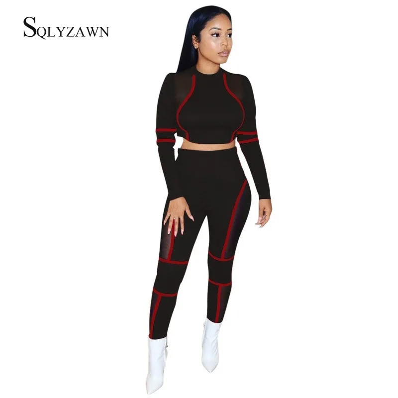 2019 New Mesh Patchwork Women's Sporty Suits Long Sleeve Crop Top T-shirt Jogging Women Fitness Joga Mujer Training Set | Женская