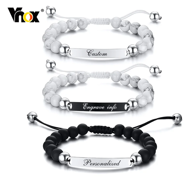 

Vnox Men's Engrave Words Stainless Steel ID Tag Bracelets, 8MM Beads Charm Handmade Braided Rope Chain Bangles,Length Adjustable