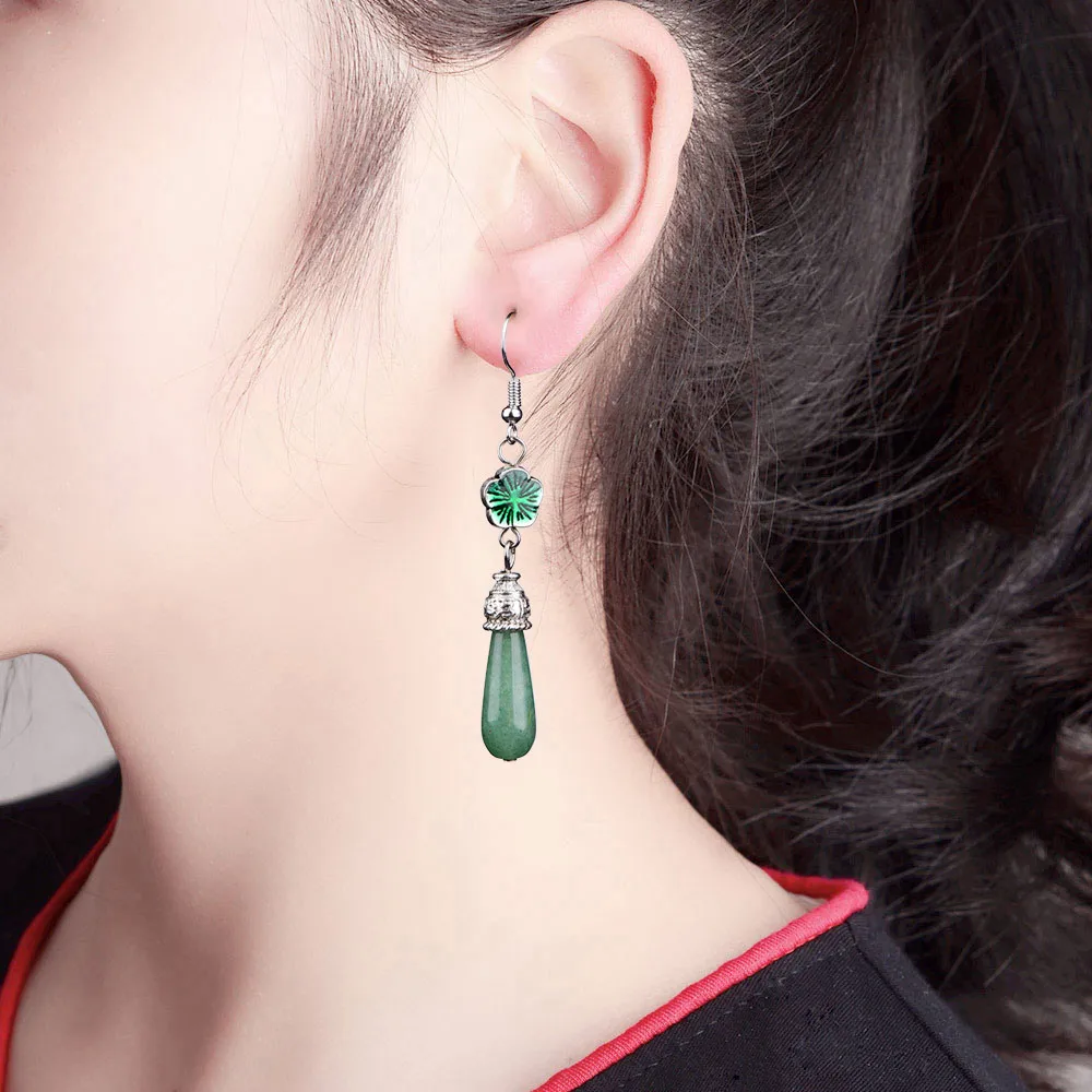 Длинные серьги в стиле водяной капли антикварные с простым темпераментом в китайском стиле Юньнань, украшенные цветным стеклом, женская модная ювелирная бижутерия.