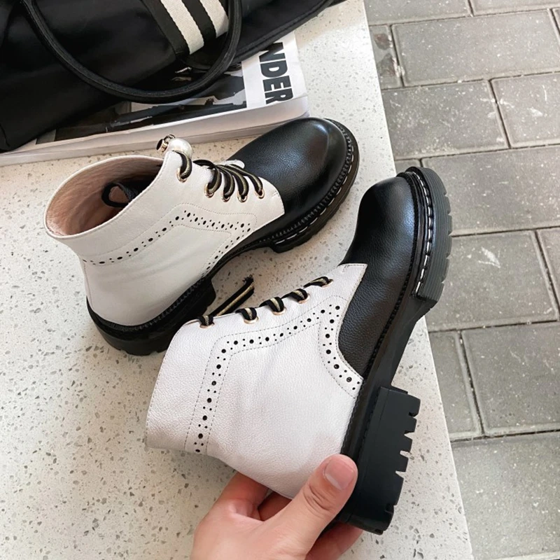 

2020 winter color matching platform genuine leather boots round head carved lace-up women boots white red shoes