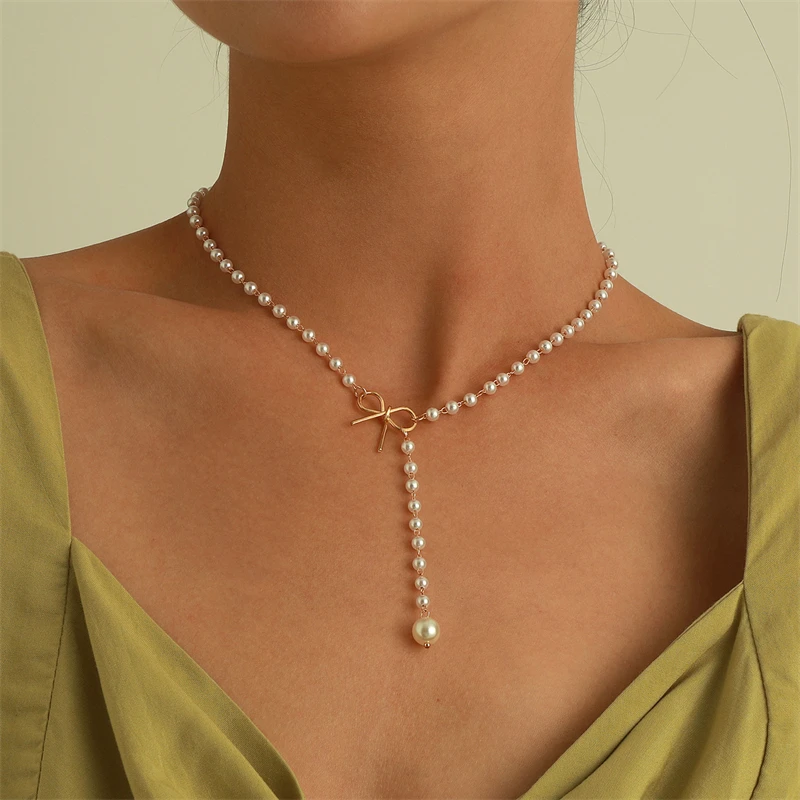 

Pearl Necklaces For Women Bow-Knot Charms Statement Long Chain Pearls Pendants Necklace Choker Wedding Jewelry Bijoux Femme