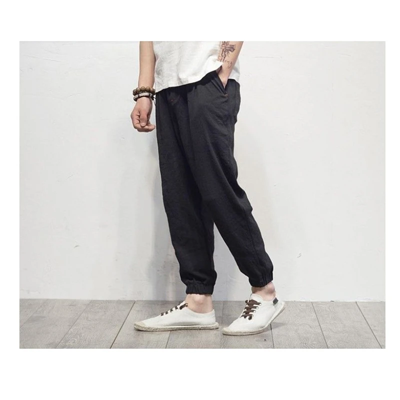 

Men's Casual Pants New Fashion Spring Summer Loose Drawstring Trousers Male Linen Pants Plus Size Bloomers 2021