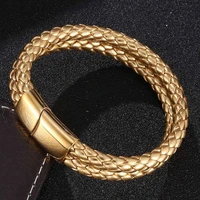 2022 new men jewelry gold color braided leather bracelet stainless steel magnetic clasp bangles fashion wristband gift bb0503