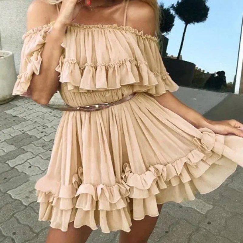 Женское шифоновое платье с открытыми плечами плиссированное короткое