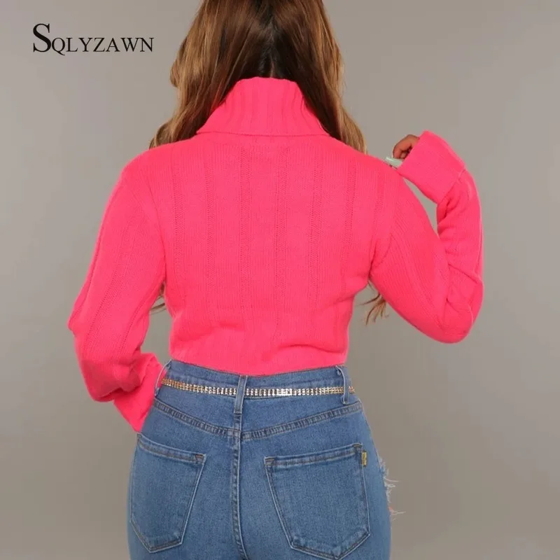 Women Turtleneck Neon Pink Orange Long Sleeve Sweater Crop Top Fall Winter Sexy Streetwear Knitted Pullover Kawaii Club Clothes | Женская