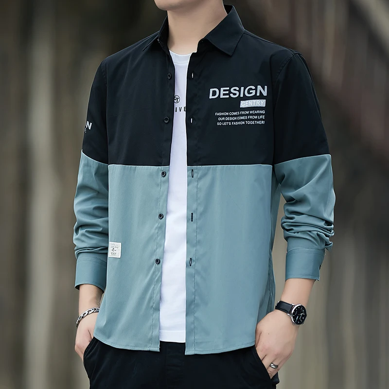 

Fashion Men Stand Collar Long Sleeve Color Block Button up Shirt Sliming and Fit Male Social Casual Business White Black Shirt