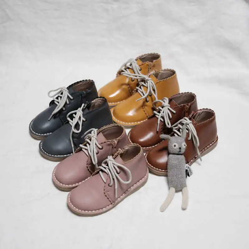 

21 Years of Handmade Thick Line Boys and Girls Shoes Full Leather Side Zipper Solid Color Retro Short Boots