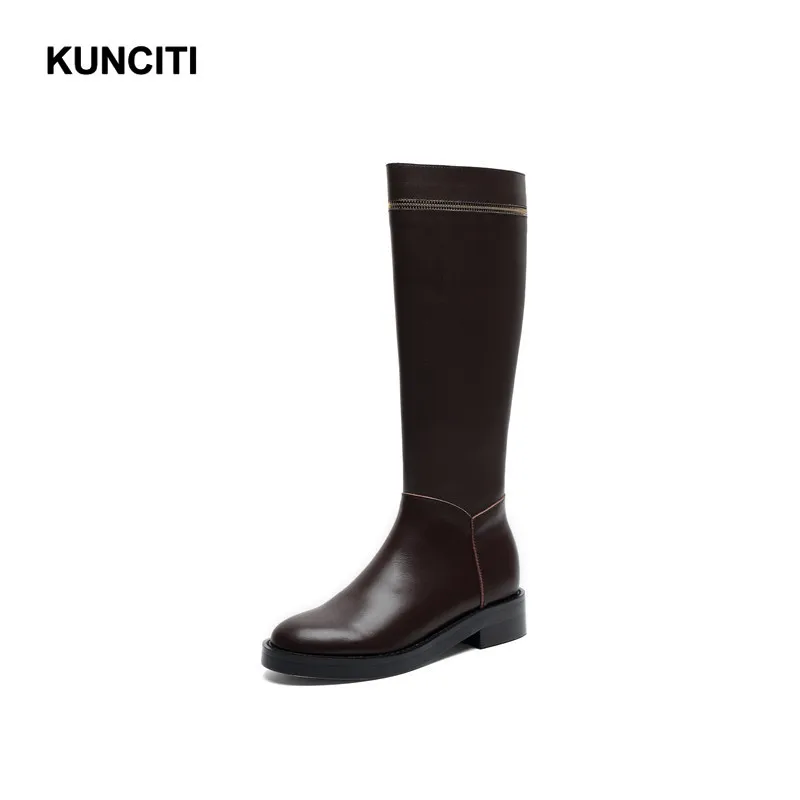 KUNCITI/; женские зимние сапоги до колена; сапоги на квадратном каблуке; ботинки в байкерском стиле; женская обувь на молнии; высококачественные высокие сапоги; B912 - Цвет: Brown