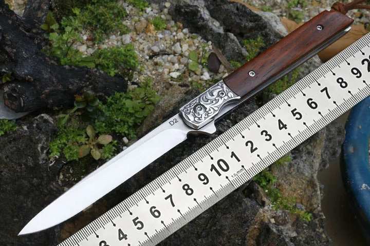 

D2 Steel Multi-Purpose Knife Outdoor Camp Folding Knife Wooden Handle Pen Knife EDC Self-Defense Tool Knives Gift Leather Case