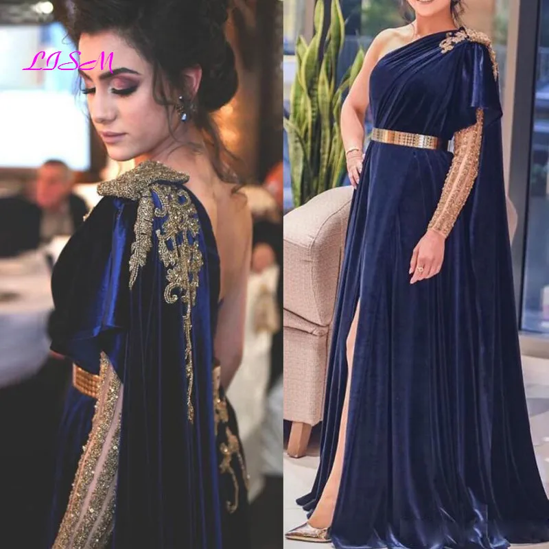 

Navy Blue One-Shoulder Abric Dubai Evening Dresses Sequined Velvet Gold Belt Formal Dress Side Split Long Prom Gowns