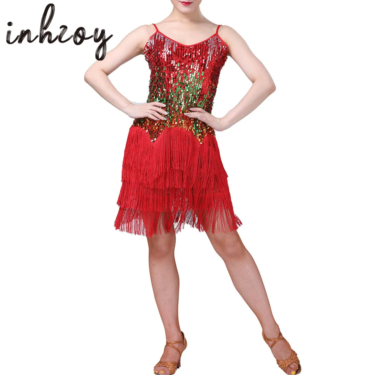 

Womens Sequins Tassel Dance Costume Latin Samba Rumba Tango Dance Dress Sleeveless Flapper Stage Performance Costume