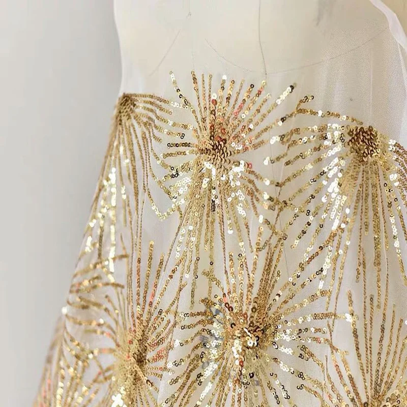 Ширина 130 см вышитые марли блестящие золотистые блестки тюль ткань для вечерние