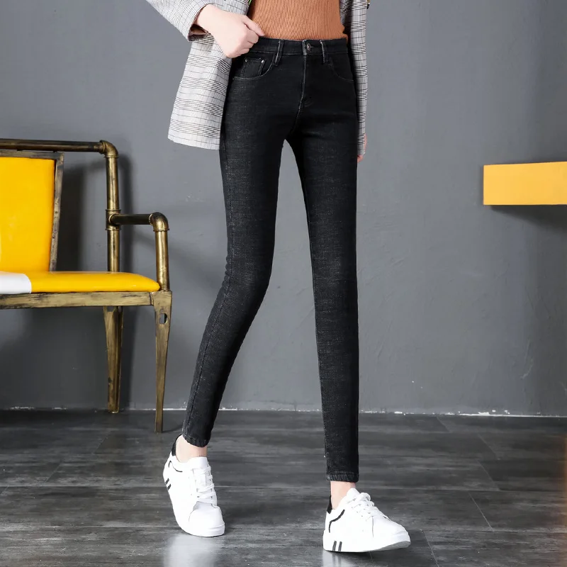 Newest Winter Fleece Slim Fit Jeans Women Ladies Wild Solid Color Stretch High Waist Casual Keep Warm Denim Pants Trousers