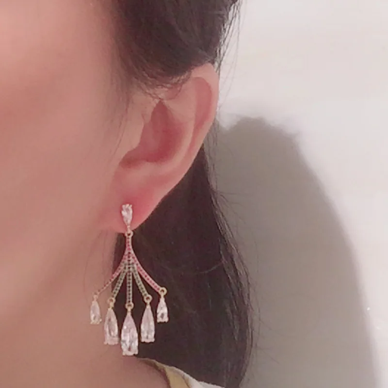 

Fan-shaped water drop earrings long super fairy ins tide round face slim S925 silver needle colorful tassel earrings