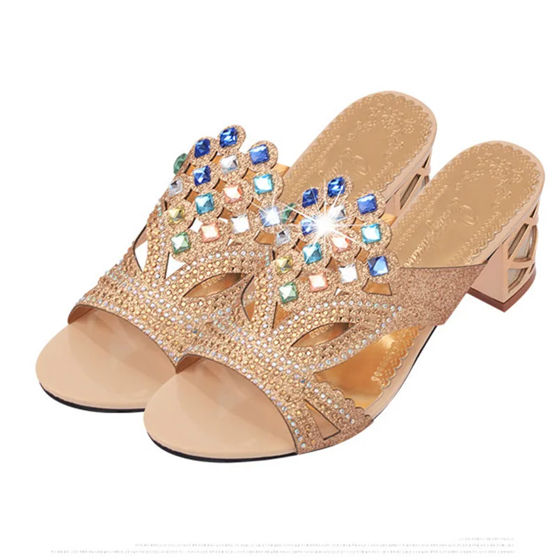 

Nice Vogue Tide Summer Fashion Women Big Rhinestone High Heel Sandals Ladies Party Shoes Round Toe Square Heel Schoenen