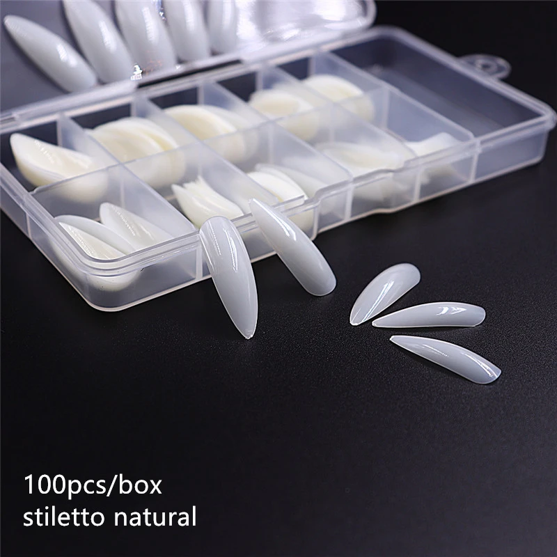Stiletto natural 100 шт./кор. профессиональный накладные ногти длинные балерина французские акриловые Полное покрытие для Неил арта украшения для кончиков ногтей гроб Набор накладных ногтей маникюр натуральный - Цвет: Stiletto natural