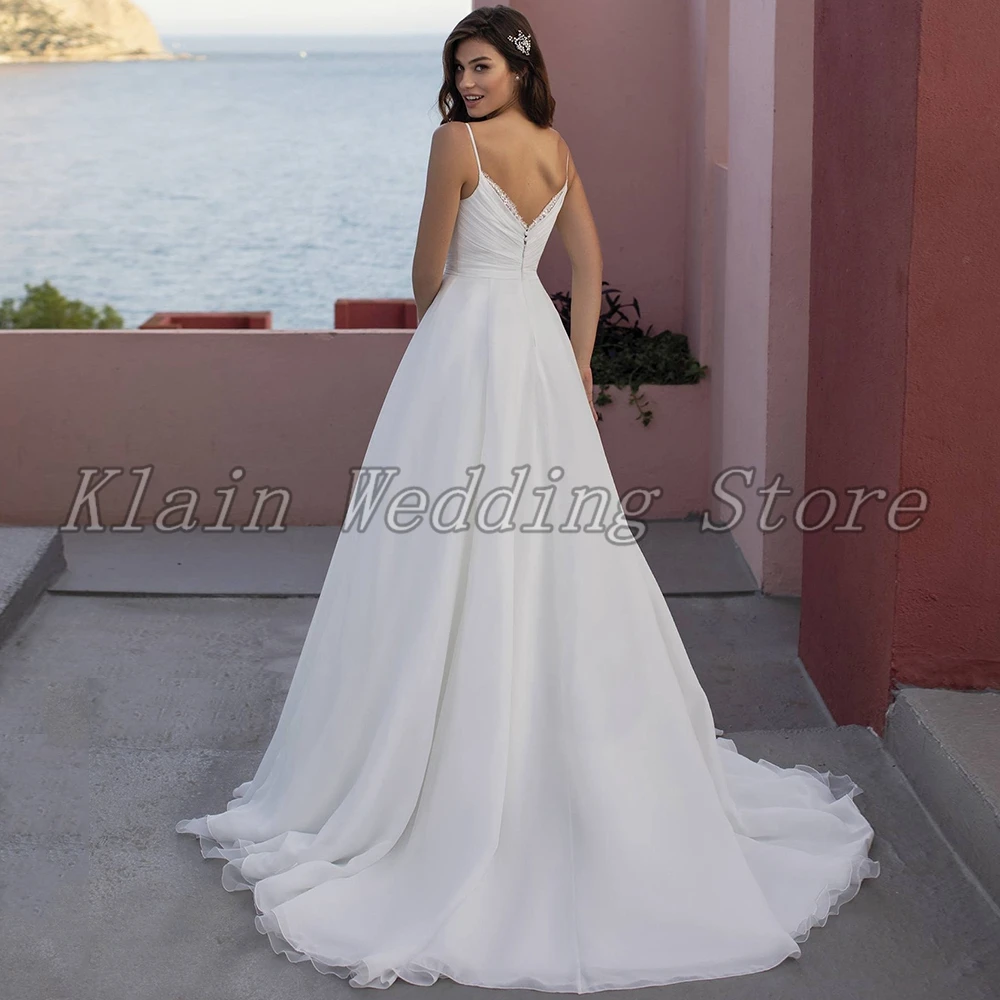 

Modest Summer A-Line V-Neck Wedding Gowns 20221 Sexy Spaghetti Straps Pleats Sweep Train Chiffon Bridal Dresses
