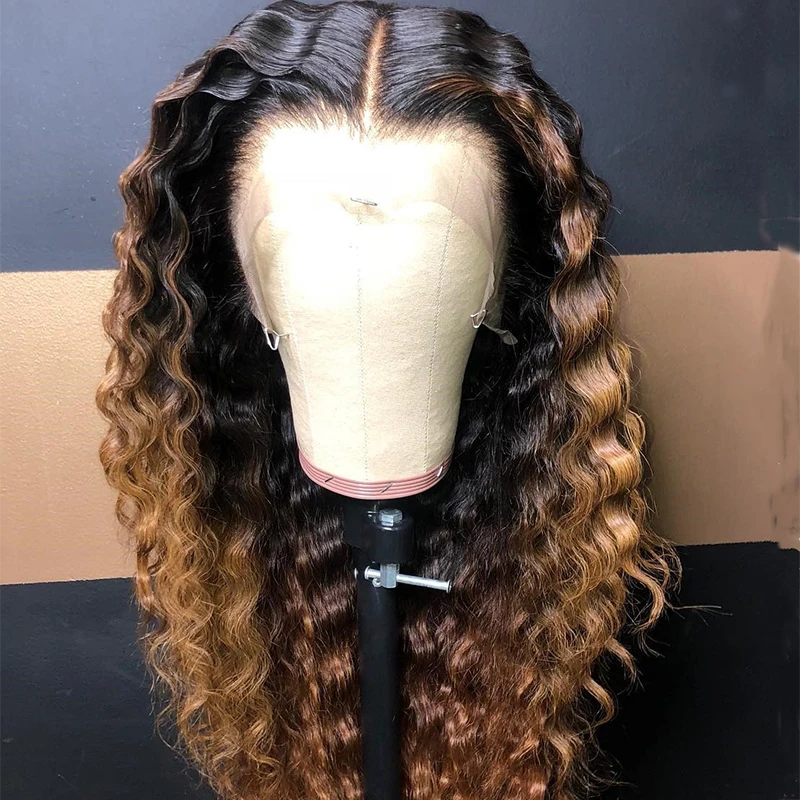 Омбре коричневый цвет волна Кружева часть человеческих волос парики с детскими