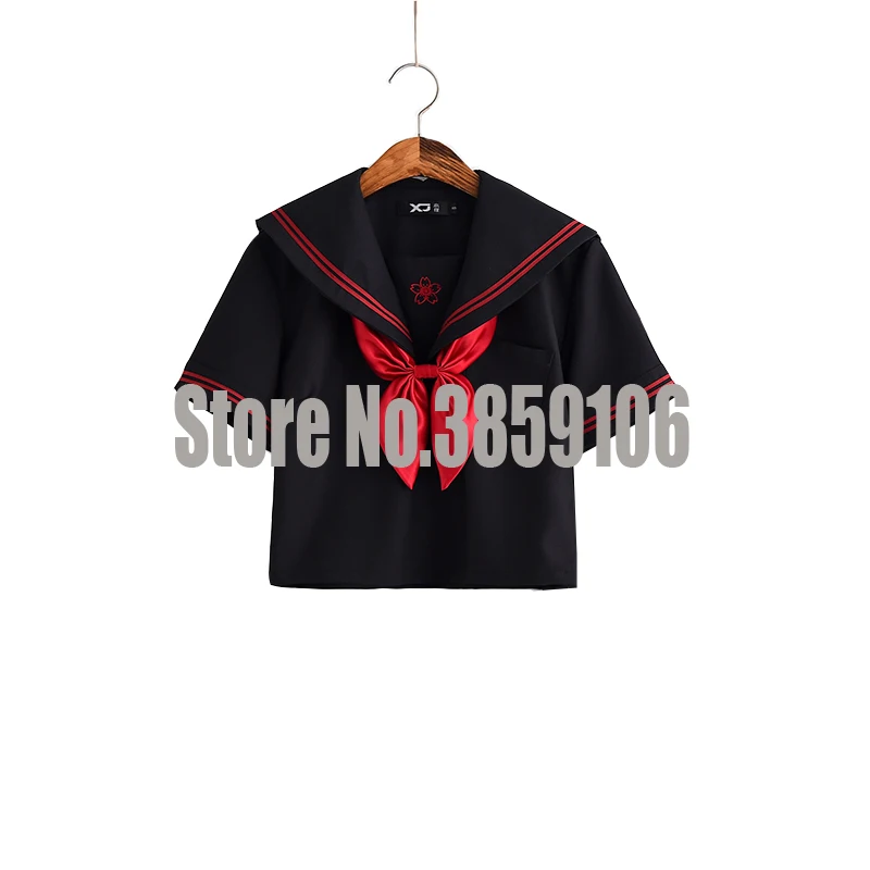 Short Sleeve Top UPHYD школьная форма Япония девушки с коротким рукавом Jk костюм моряка для маскарада футболка консервативный стиль колледж юбка Женский костюм комплект черный - Цвет: Short Sleeve Top