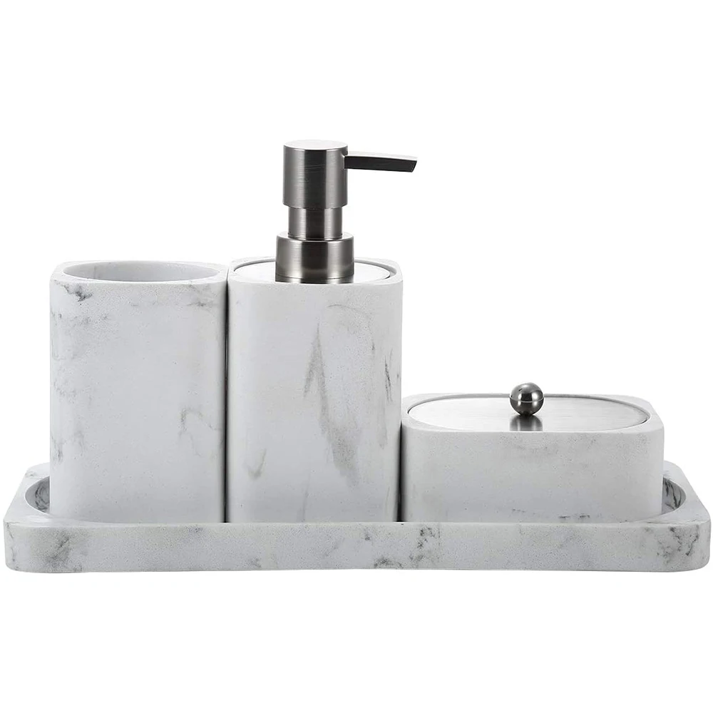 

4-piece Bathroom Accessory Set Marble White Soap Dispenser Toothbrush Cup Holder or Mouthwash Cup Cotton Jar Dressing Table Tray