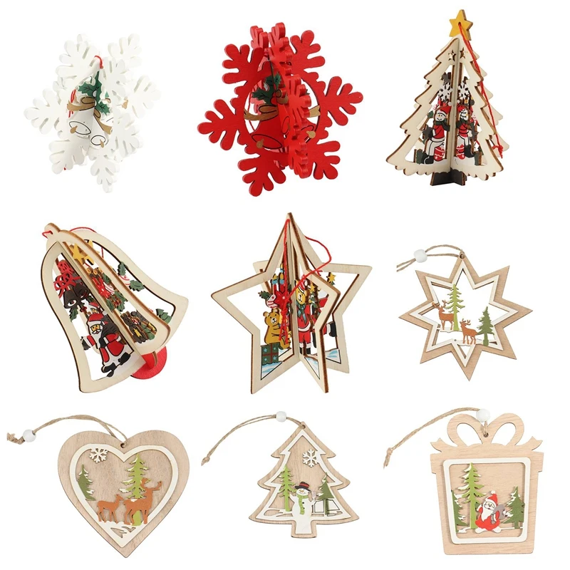 

9PCS Wooden Hollow Christmas Tree Pendant, Five-Pointed Star Bell Pendant Gift, New Year Decoration