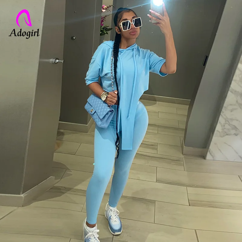 

Fitness Women 2 Piece Set Irregular Short Sleeve Hoodies + Skinny Jogging Pants 2021 Summer Solid Jogger Set Street Activewear