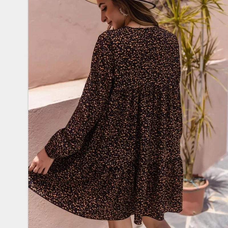 

New Ladies Vintage Spring Autumn Dot Print Mini Dress Women Sexy Ruffles Short V Neck Casual Loose Women Dress Female Vestidos