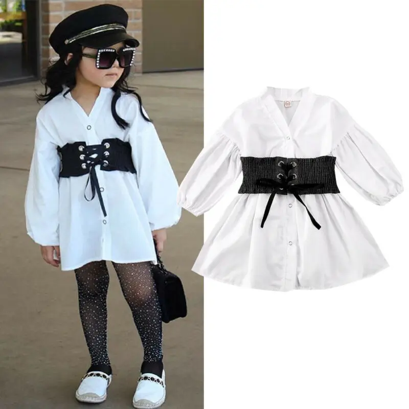 

Toddler Kids Baby Girls Dress Clothes Long Puff Sleeve Waist White A-Line Dress Shirt Top Dress Outfit Kids Dresses for Girls