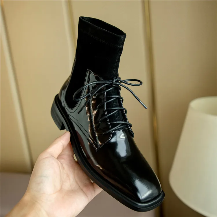 

Retro Martin Boots Female British Style 2020 Autumn/Winter New Square-Toe Flat-Bottomed Leather Shoes Elastic Socks Ankle Boots