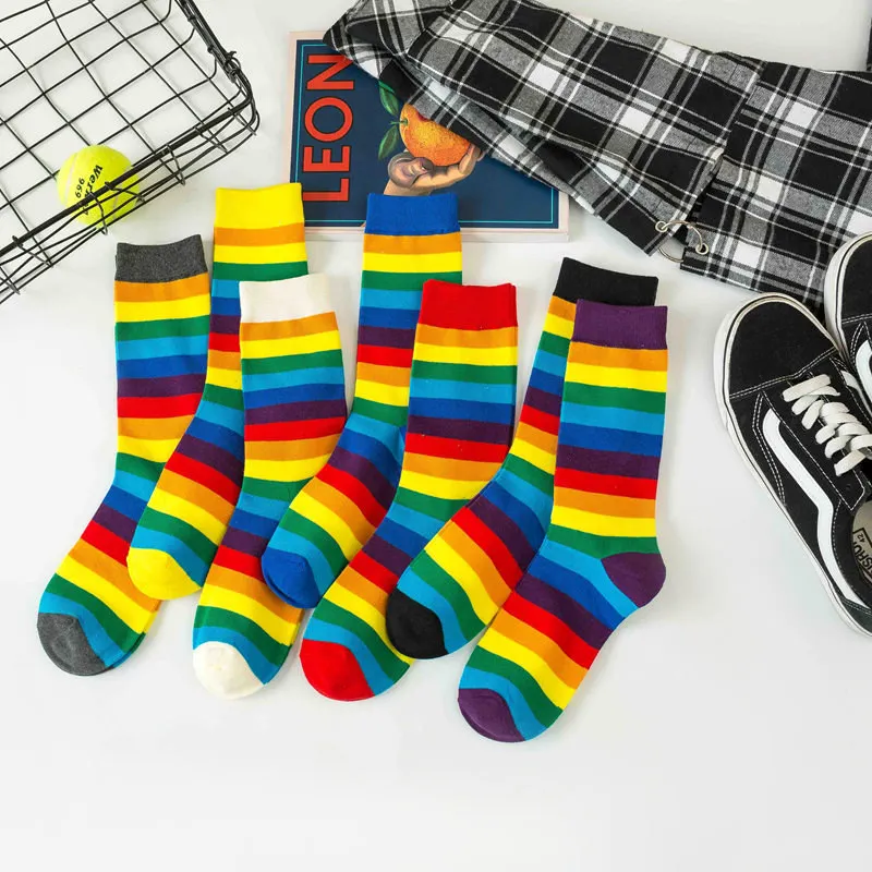 

Winter Long Women Socks Cotton Rainbow Color Striped Printed Novelty Fashion Happy autumn Soxs Pile Tube Casual Ladies Soft