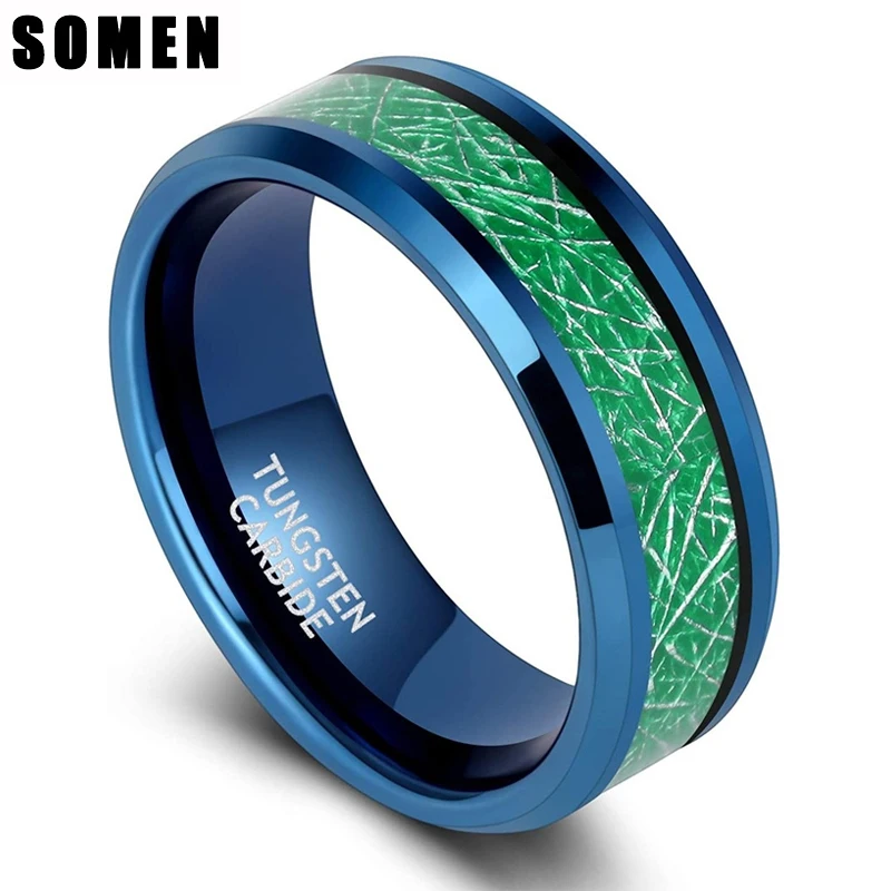 

Somen Blue Green Men Tungsten Wedding Rings Cool Band 8mm High Polished Beveled Edge Comfort Fit Size 7-13