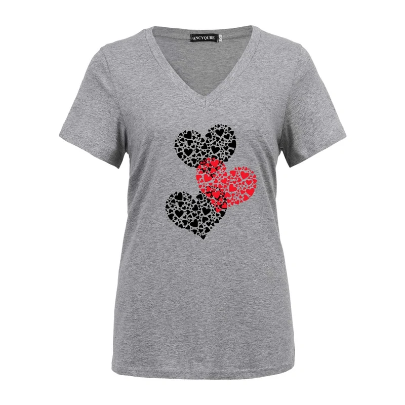 

Summer Casual Basic T Shirt Fashion Women's V Neck Heart-shape Pattern T-shirt 2021 New Female Short Sleeve Loose Tee Top Clothe