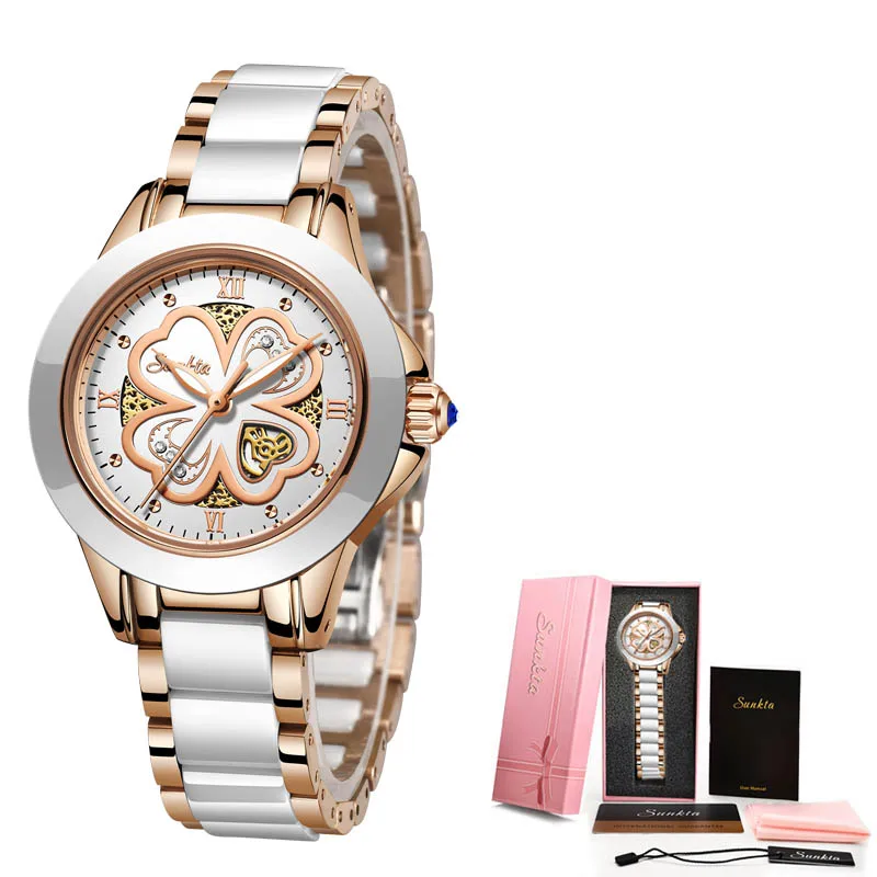 Rose Gold White SUNKTA керамические часы розовое золото женские часы кварцевые часы женские топ брендовые роскошные женские часы девушка часы Relogio Feminino - Цвет: Rose Gold White