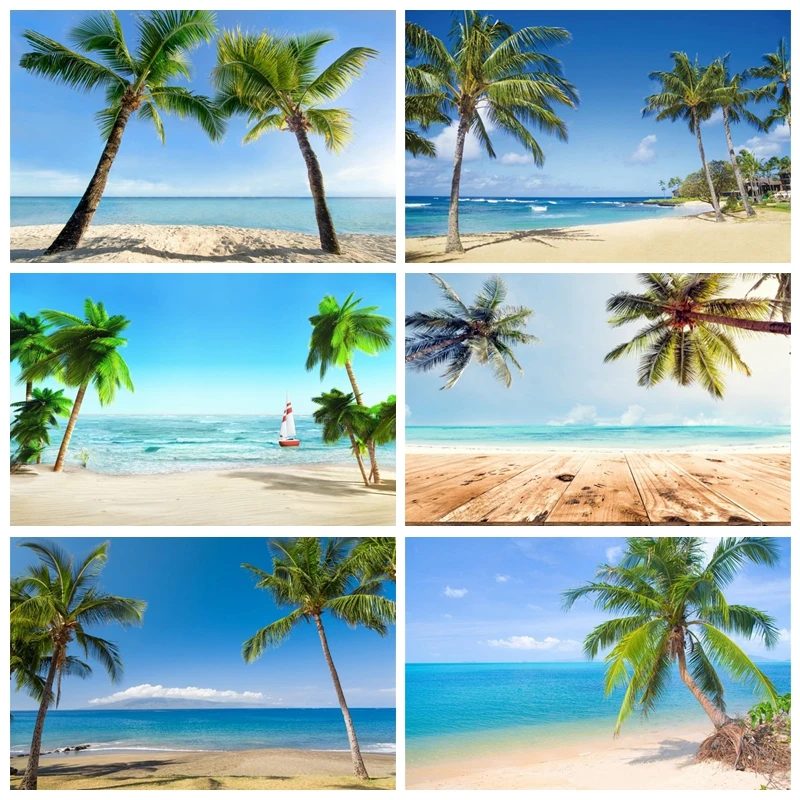 Laeacco Tropical Palms Tree Sea Beach Sand Blue Sky Baby Holiday Scenic Photo Background Photographic Backdrops For Photo Studio