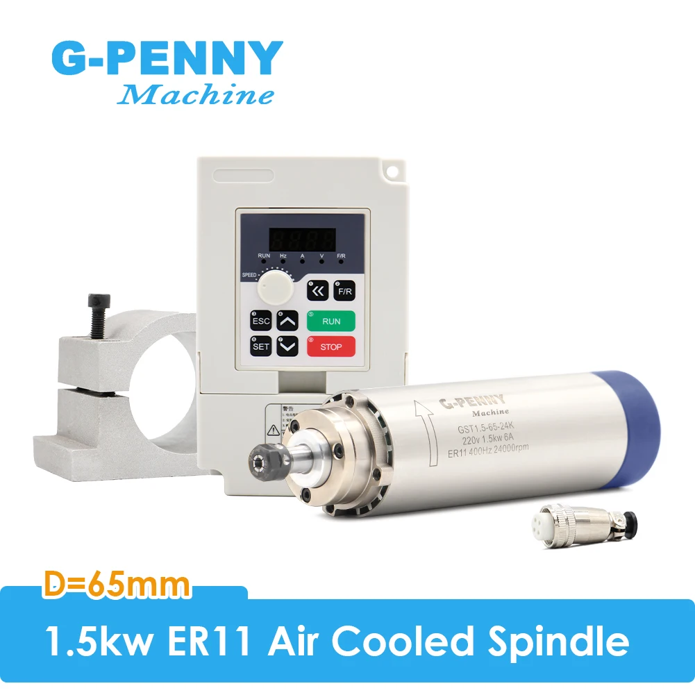 

G-Penny 1.5kw ER11 65x204mm 220v Air Cooled Spindle 4 pcs Bearings & 1.5kw Inverter & 65mm bracket / holder