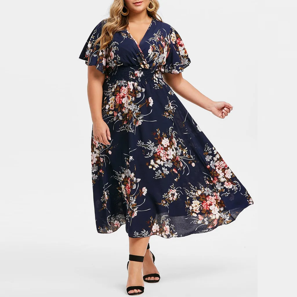 

Plus Size Dresses For Women Floral Printed V-neck Short Sleeve Casual Dress Vestidos Largos Vestido Mujer Zomerjurk Dames