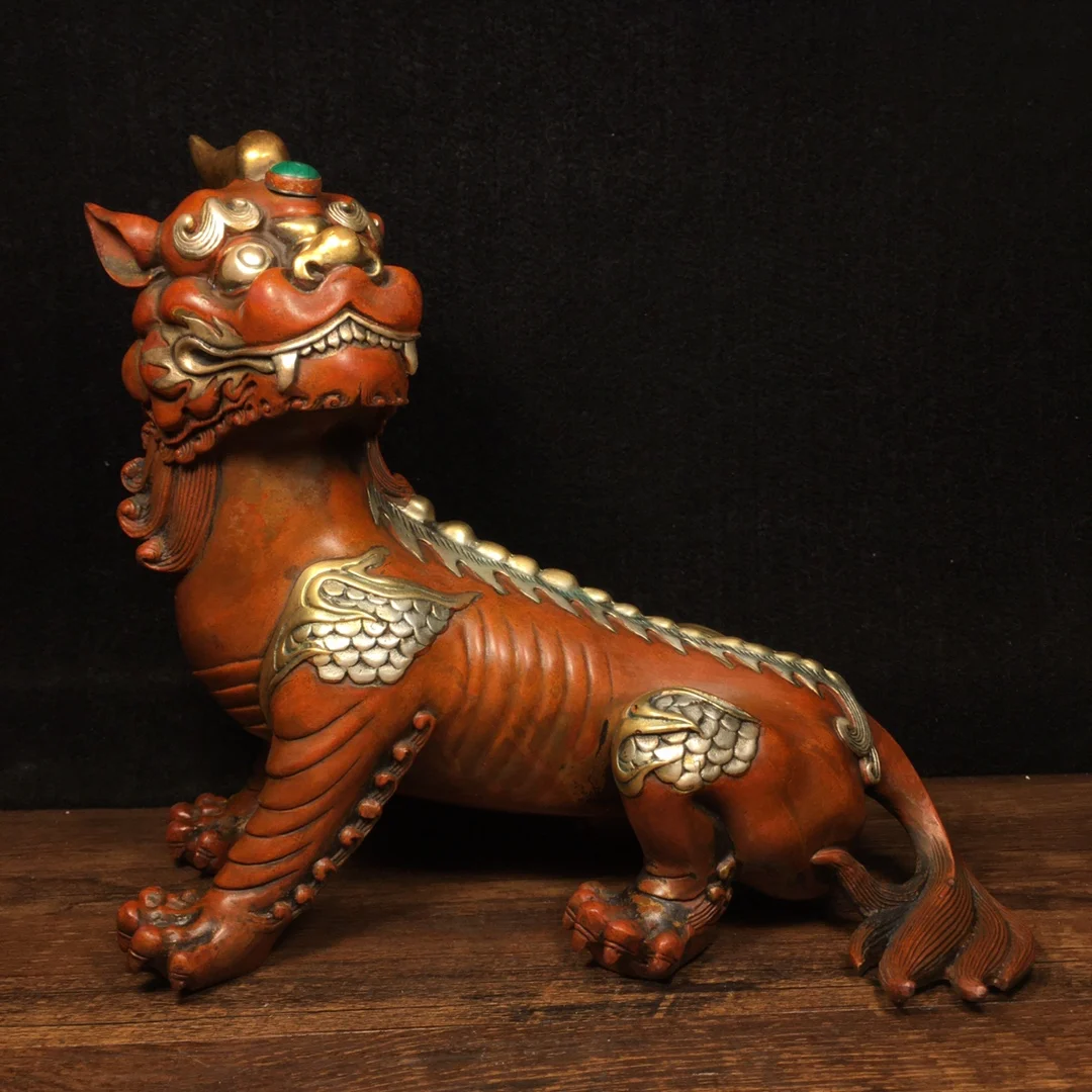 

10"Chinese Folk Collection Old Bronze Gilt Real gold The Truth Listening Statue Fire unicorn Gather wealth Bull market Office
