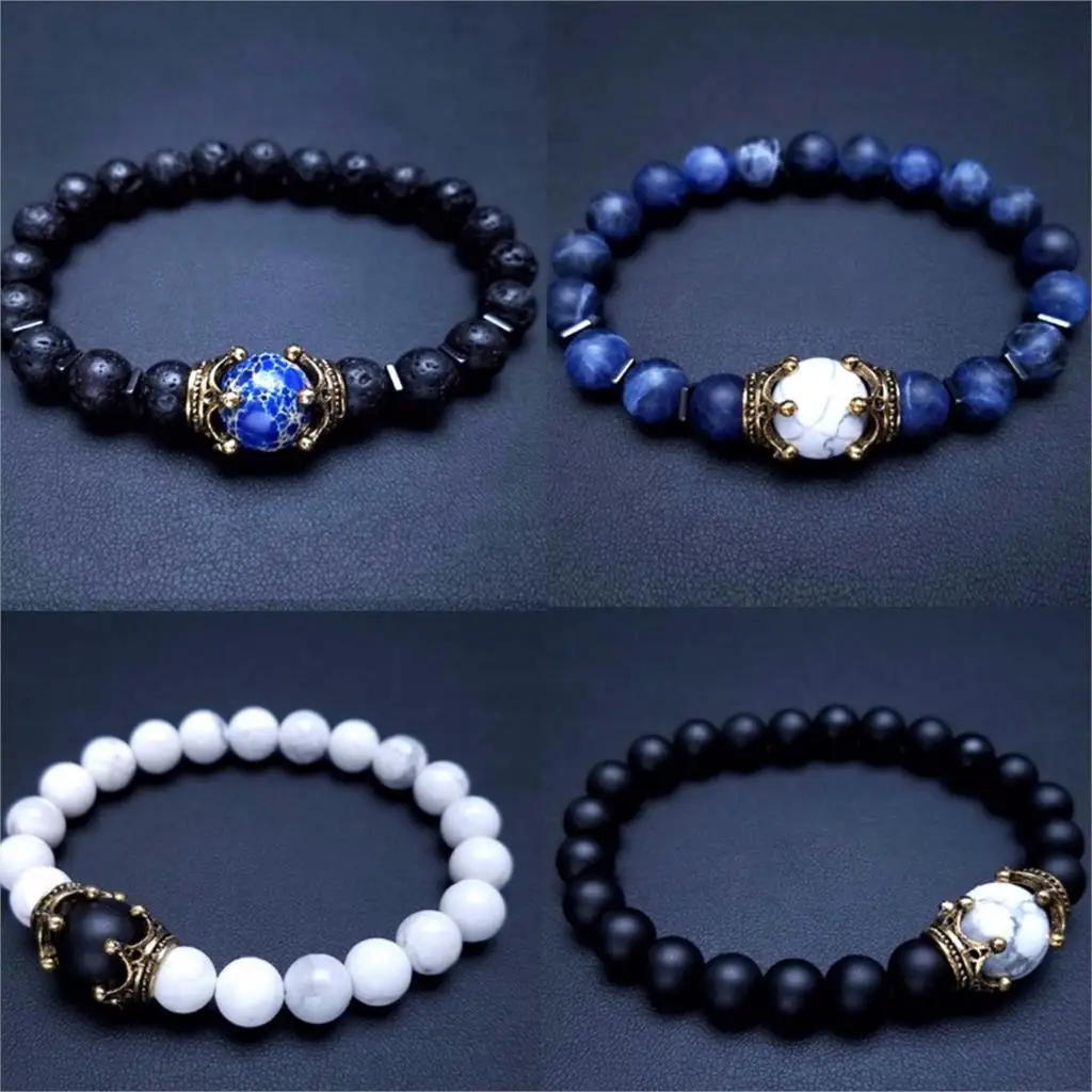 Stainless Steel Natural Lapis Lazuli Dainty Bracelets Delicate Beaded Bracelet Dark Blue Gold Color Round Crown 1 PC